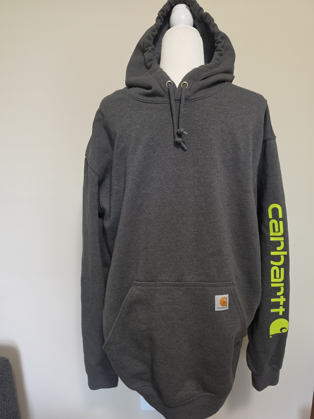 Carhartt K288 Midweight Logo Sleeve Hoodie Carbon Heather Grey Neon Green 2XL